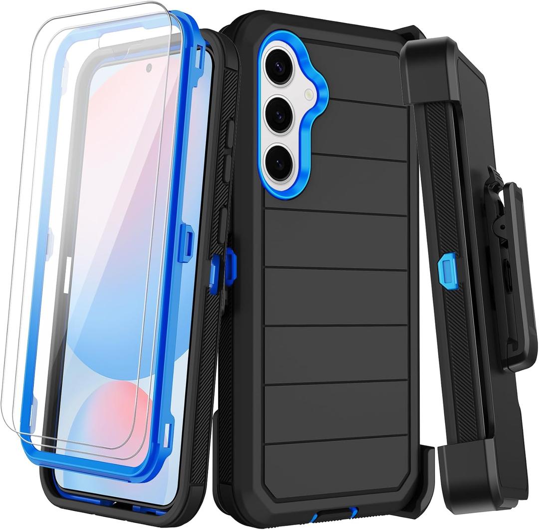 for Samsung Galaxy S24 FE Case with Belt Clip Holster & Kickstand,2X Screen Protectors, Heavy Duty Shockproof Drop Protection Bumper Military Grade Full Body Non Slip Rugged Durable Phone Cover (Black Blue#1)