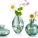 Glass Bud Vases Set of 3, Hewory Cute Green Small Vases Handmade, Mini Glass Flower Vase for Floral Arrangements, Tiny Centerpiece for Home Office Wedding Party Events Table Decor (Not Include Flower)