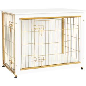 DWANTON Dog Crate Furniture with Cushion, Wooden Kennel Table with Double Doors, Indoor Dog House, Medium Size, 32.5" L, White