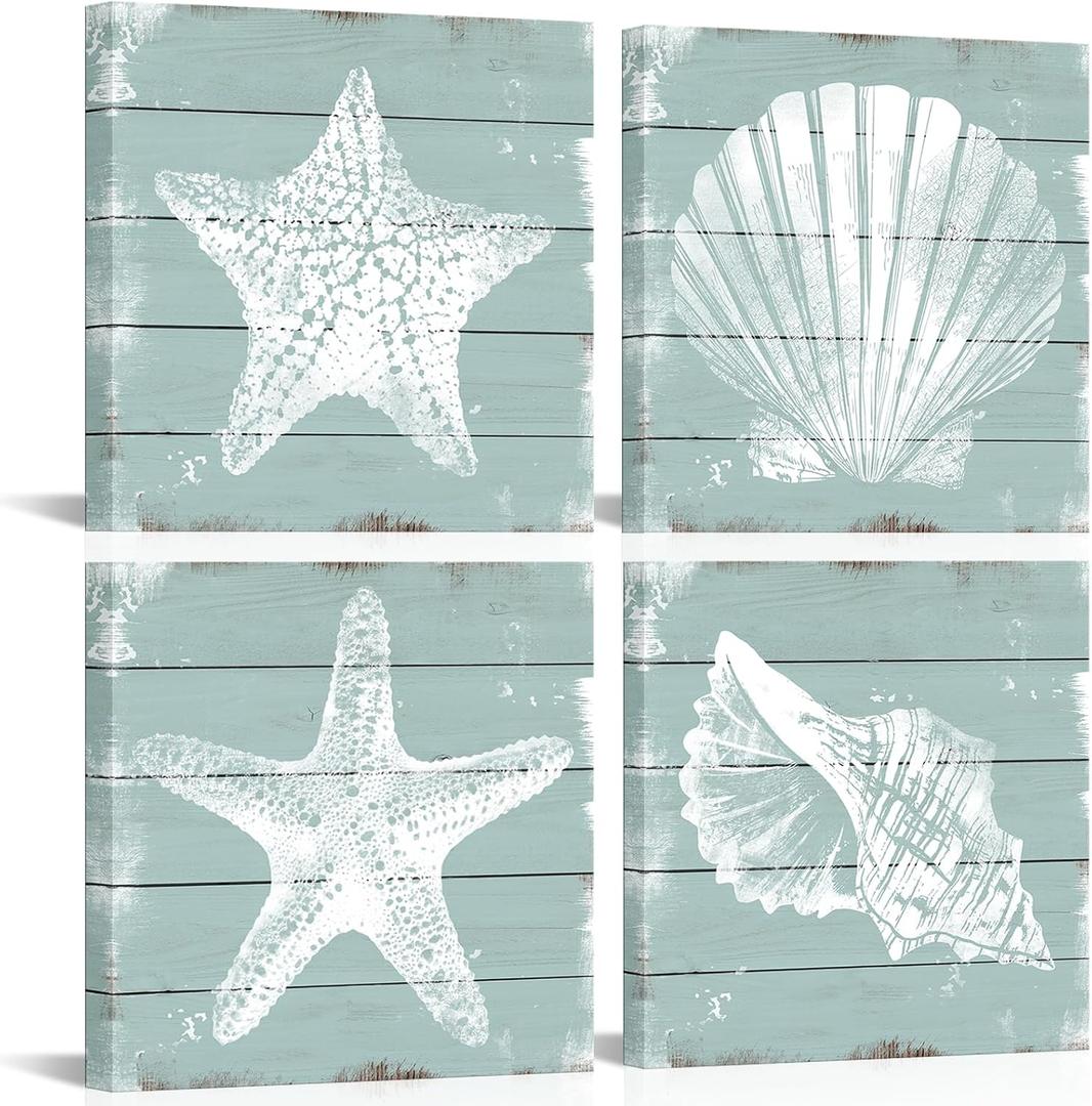 AoArtWZ 4 Piece Ocean Theme Canvas Wall Art Coastal Shell Starfish Coral Conch Picture for Bathroom