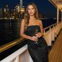 MEROKEETY Women's Floral Strapless Maxi Dress 2026 Summer Mesh Tube Bodycon Formal Wedding Guest Cocktail Party Long Dresses (Black, L)