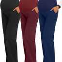3 Pack Women's Maternity Scrub Pants 6 Pockets Cargo Pants Stretchy Comfy Workwear Straight Leg Pregnancy Pants (Large, Black, Wine Red, Navy Blue)