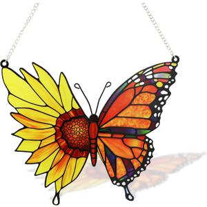 Butterfly Suncatcher Stained Glass, Butterfly Window Hanging Suncatcher Ornament, Insect Suncatcher for Grandma/Mom/Women (Sunflower Monarch)
