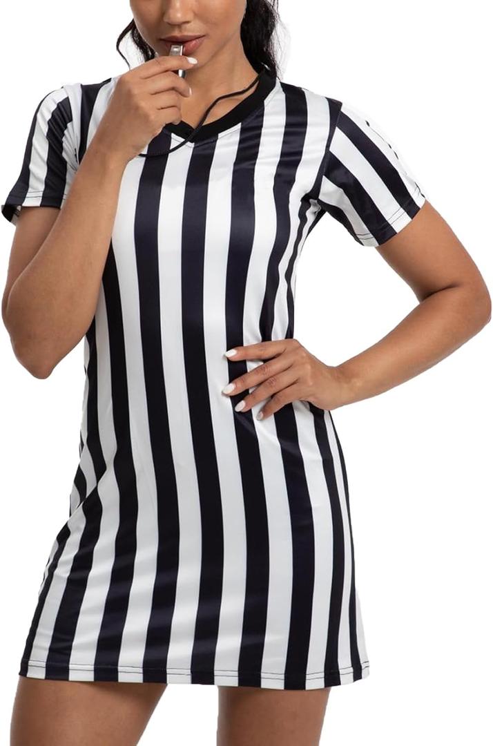 Women's Referee Shirt Dress Official Ref Umpire Jersey for Basketball Football Hockey Halloween Costume & Waitresses (V Collor) S