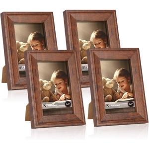 iRahmen 5x7 Picture Frame Set of 4, Brown Rustic Retro Photo Frame with Real Glass, 5 x 7 Frames for Wall Mount and Tabletop Display