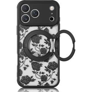 Magnetic Stand Case for iPhone 17 Pro Max [360 Rotatable Kickstand] [Compatible with MagSafe] Black Rose Design with Ring Holder Case for Women Girls, Translucent Matte Slim Phone Cover
