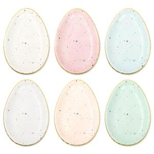 Whaline 30Pcs Easter Paper Plates Gold Foil Egg Shape Disposable Plate 6 Pastel Colors Dinnerware Plate for Party Supplies Table Decor, 10.6 x 7.3 Inch