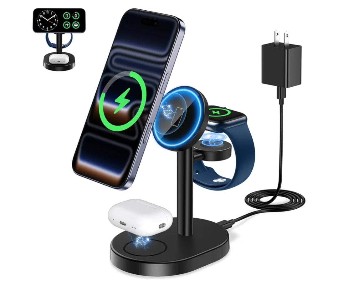 Hevanto 2026 3 in 1 Wireless Charging Station for Apple MagSafe Charger, 15W Fast Magnetic Mag-Safe Charger Stand for iPhone 17 16 15 14 13 12 Apple Watch AirPods Series, Gifts for Men