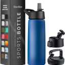 FineDine Triple Walled, Insulated Water Bottles with Straw - 25 Oz Stainless Steel Metal Bottle W/ 3 Leak Proof Lids - For Travel, School, Sports, Gym/Men, Women & Kids - Majestic Sapphire