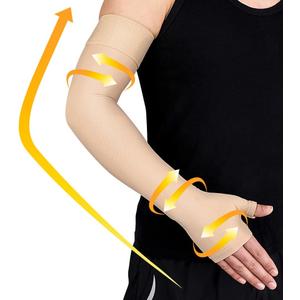 beister Lymphedema Medical Compression Arm Sleeve with Gauntlet for Men & Women (Single), 20-30 mmHg Full Arm Support with Dot Silicone Band, Graduated Compression Arm Brace for Swelling, Arthritis (Large, Beige)