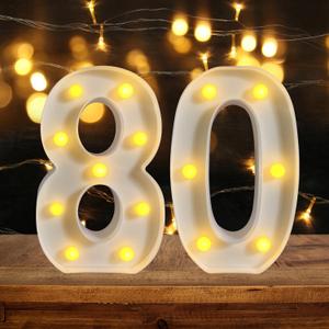 80th Birthday Decoration LED Light up Numbers, Birthday Number Sign Light for Birthday Party Decoration Night Lit Anniversary Background Home Decoration Party (Number 80, White)
