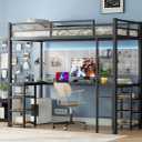 KEIKI Twin XL Metal Loft Bed with Desk & Six Storage Shelves, Sturdy Metal Bed Frame with Ladder & Safety Guardrails, No Box Spring Needed, Perfect for Dorm, Bedroom, Guest Room, Black