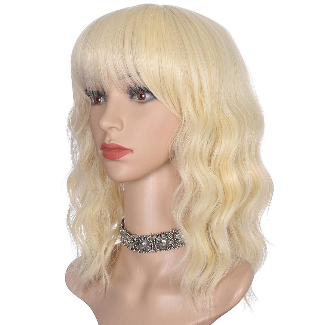 morvally Short Blonde Wavy Bob Wig with Bangs for Women 16 Inches Natural Synthetic Hair Wavy Wigs