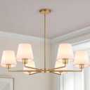 Brass Gold Chandeliers for Dining Room, 36" 6 Light No Assembly Required Antique Modern Gold Chandelier Light Fixture with White Fabric Shade, Classic Kitchen Pendant Lights over Table for Bedroom