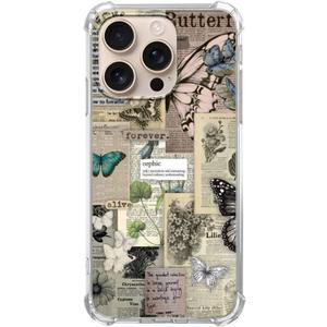 Butterfly Aesthetic Case Compatible with iPhone 16 Pro, Vintage Newspaper Collage Case for iPhone 16 Pro, Cool TPU Shockproof Case Cover