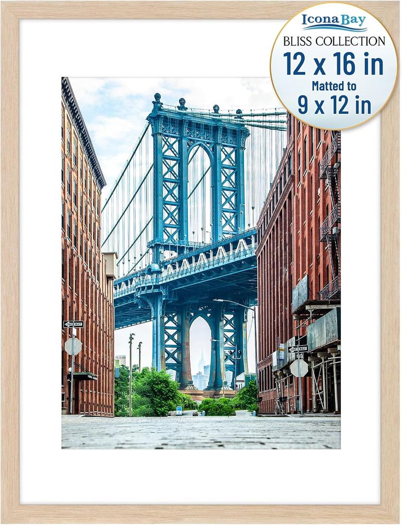 Icona Bay - 12x16 Light Oak Picture Frame Fits 11x15 Photos with Mat to 9x12 Image - Modern Style Engineered Wood Poster Frame - Wall Mount Only - Bliss Collection