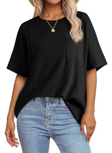 Acelitt Womens Oversized T Shirts Loose Fit Crewneck Short Sleeve Waffle Knit Tops Summer Casual Blouse 2025 Basic Tee Going Out Workout Outfits Black X Large