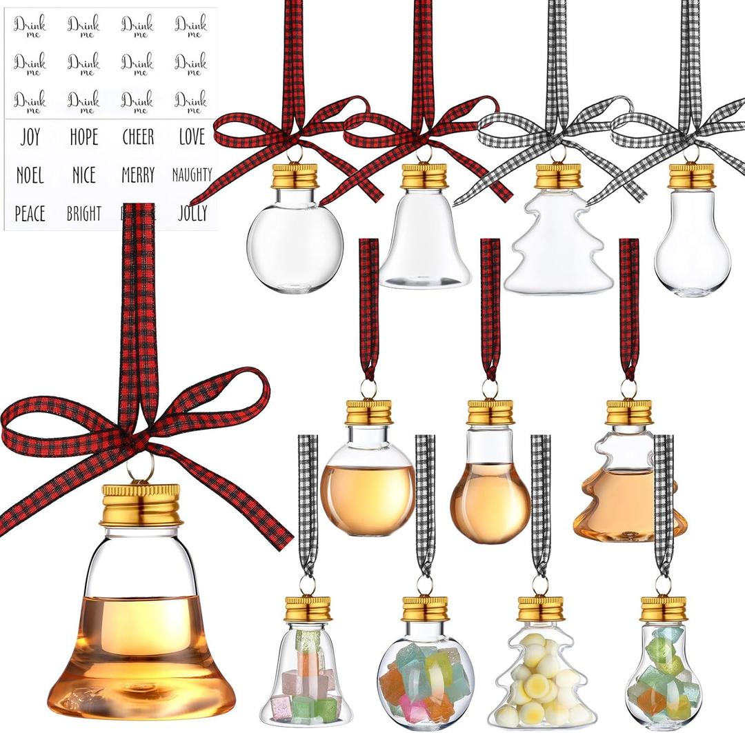 Kajaia 12 Pcs Christmas Booze Balls Xmas Fillable Tree Ornaments with Buffalo Plaid Ribbon Stickers Clear Plastic Ornaments Pendant for Holiday Party(Assort Style,50ml)