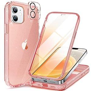 Miracase Glass Series for iPhone 12/ 12 Pro - Full-Body Rugged Protective Case with Built-in 9H Tempered Glass Screen Protector and Camera Lens Protector - Glitter Rose
