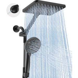 Dual Handheld Shower Head Combo, 2-in-1 Rain Shower Heads System Wide Rainfall Shower Head and 10 Modes High Pressure Hand Held Showerhead with Built-in Power Wash, Black