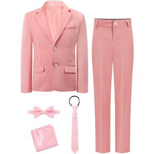 A&J DESIGN Boys 5-Piece Formal Suit Set with Jacket, Dress Pants, Tie, Bowtie and Pocket Square (Pink, M), Size 12