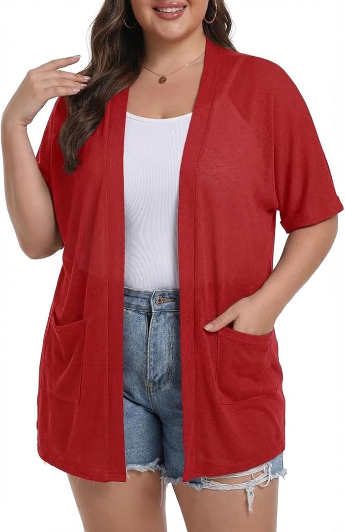 OLRIK Plus Size Summer Cardigan for Women Short Sleeve Lightweight Cover Up 2026 Open Front Beach Cardigan with Pockets, Size 2X
