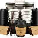 LITOPAK 100 Pack 10 oz Paper Coffee Cups for Hot Chocolate Drinks, Black Disposable Coffee Cups with Lids, Sleeves and Stirring Sticks for Parties, Picnic, Travel, and Events