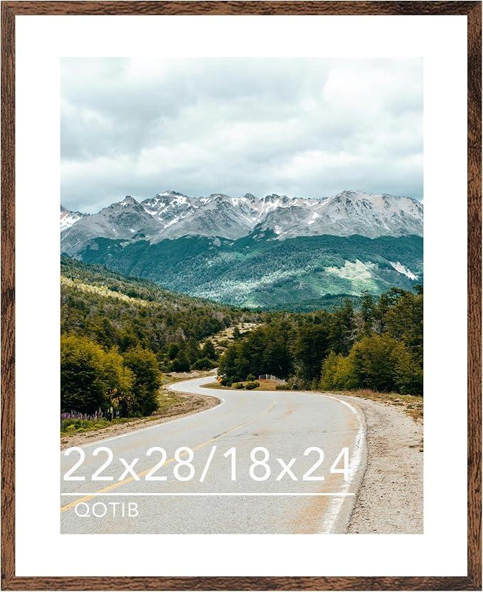 QOTIB Wood 22x28 Picture Frame with 18x24 Mat, Display 18x24 with Mat or 22x28 Without Mat, Wood 22 by 28 Photo Frame, 22 x 28 Frame for Wall Hanging Display, Deep Brown