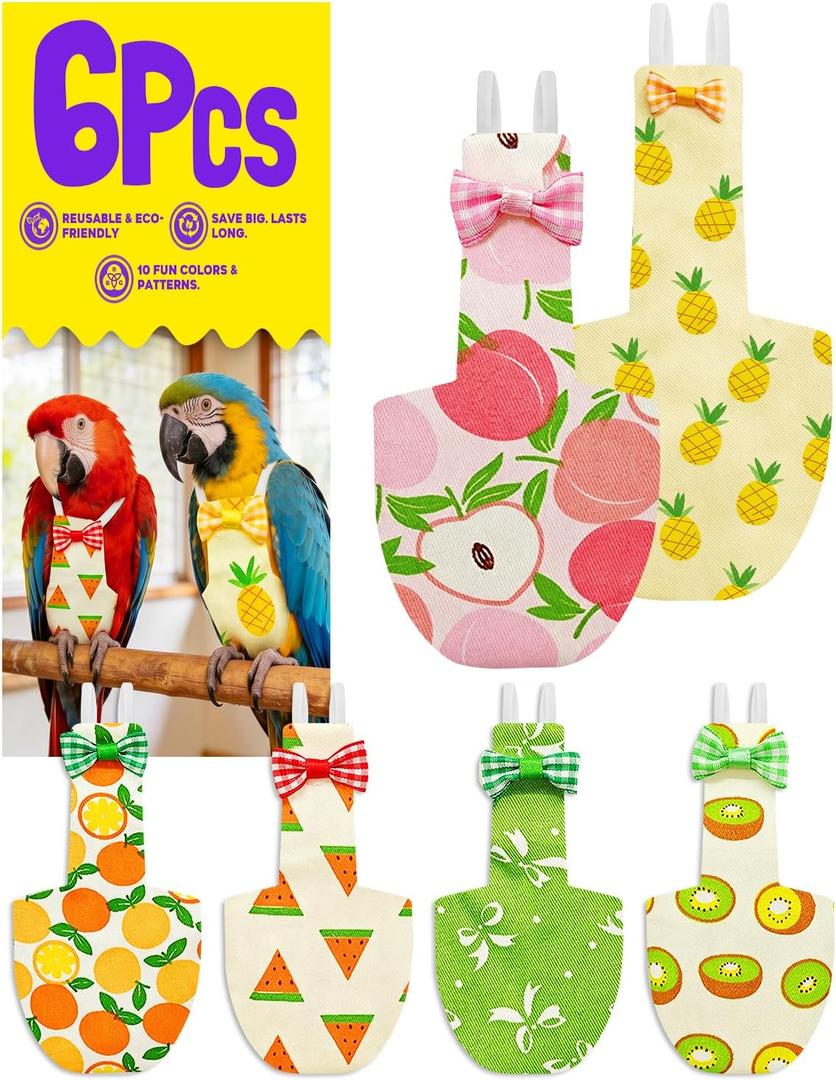 6Pcs Large Size Bird Diapers, Reusable Parrot Pigeon Pants, Leakproof Poop Control Suit for Cockatiel Conure Macaw Parakeet, Indoor Outdoor Nappy for Medium Birds (Size XL)