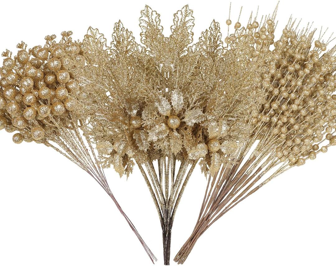 Alupssuc 24 Pcs 3 Styles Glitter Christmas Tree Picks and Holly Berry Stems Christmas Decorations Set, Poinsettia Flowers Artificial for Xmas Tree Ornaments or Party Wreath Fireplace, Gold
