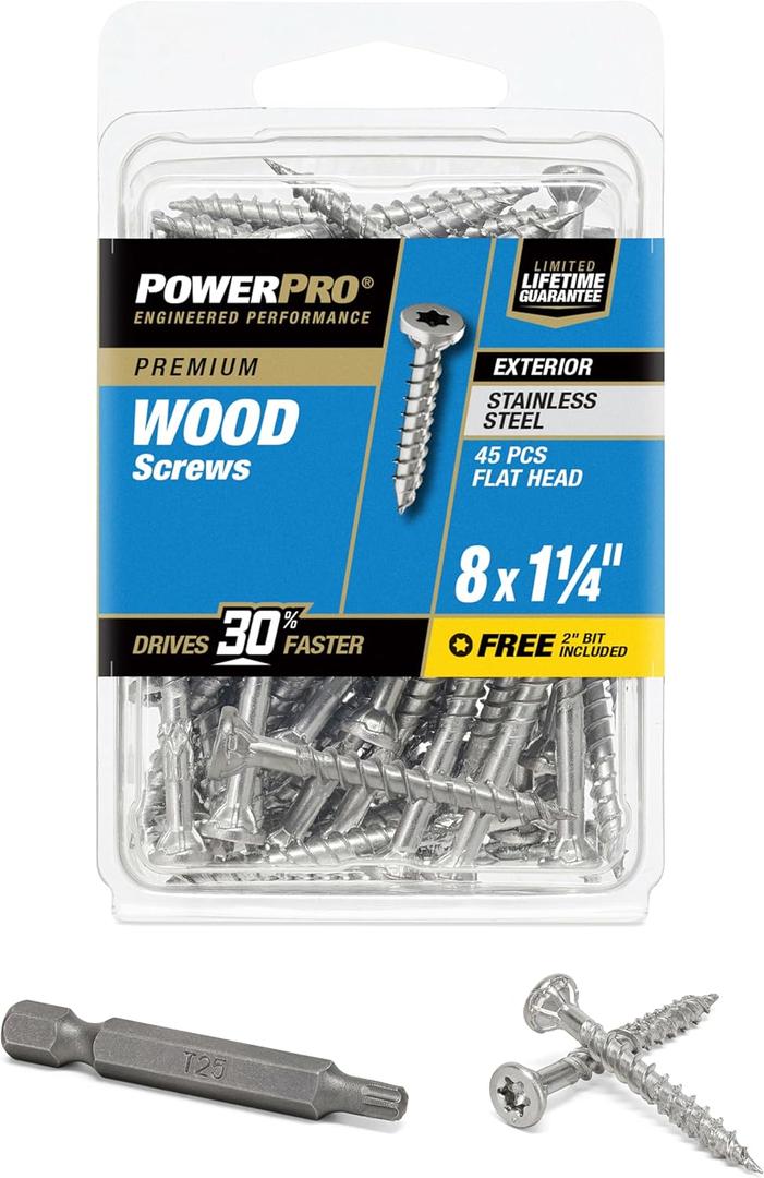 Power Pro Premium 305 Stainless Steel Wood Screws (#8 x 1-1/4") - 45pc (Silver)