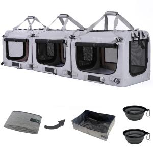 Petseek Extra Large Cat Carrier Soft Sided, Portable Small Dog Carrier for 2 Cats, 24"x16.5"x16" Car Travel Folding Comfortable Design with Litter Box and Bowls, Grey-3+ Litter Box+ Bowls