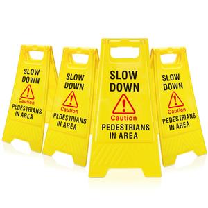 Geetery 4 Pcs Slow Down Floor Sign Two Sided Folding Bright Yellow Warning Signs for Commercial Use