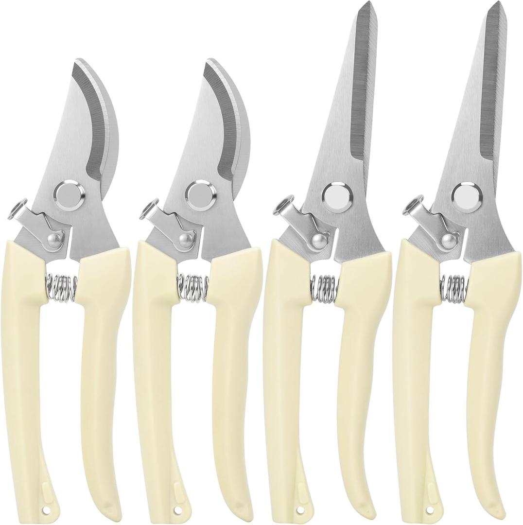 4PACK Pruning Shears, Stainless Steel Garden Shears, Sharp Handhled Gardening Scissors, Bypass & Straight Blade Garden Clippers for Plants, Flowers, Fruits Trees, Gardening Gifts for Women & Men