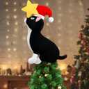Shappy Christmas Tree Topper Decoration Black Cat Christmas Tree Topper with Star Plush Stuffed Christmas Tree Ornament Cat with Santa Hat Xmas Decoration for Cat Lovers Gift Ideas