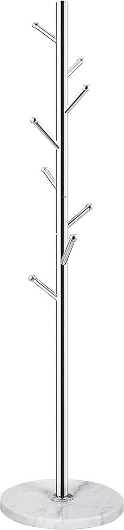 Metal Coat Rack, Free-standing Coat Rack Marble Base with 8 Hooks, Hat & Coat Hanger for Bedroom, Office(100% Natural Marble Base, Silvery)