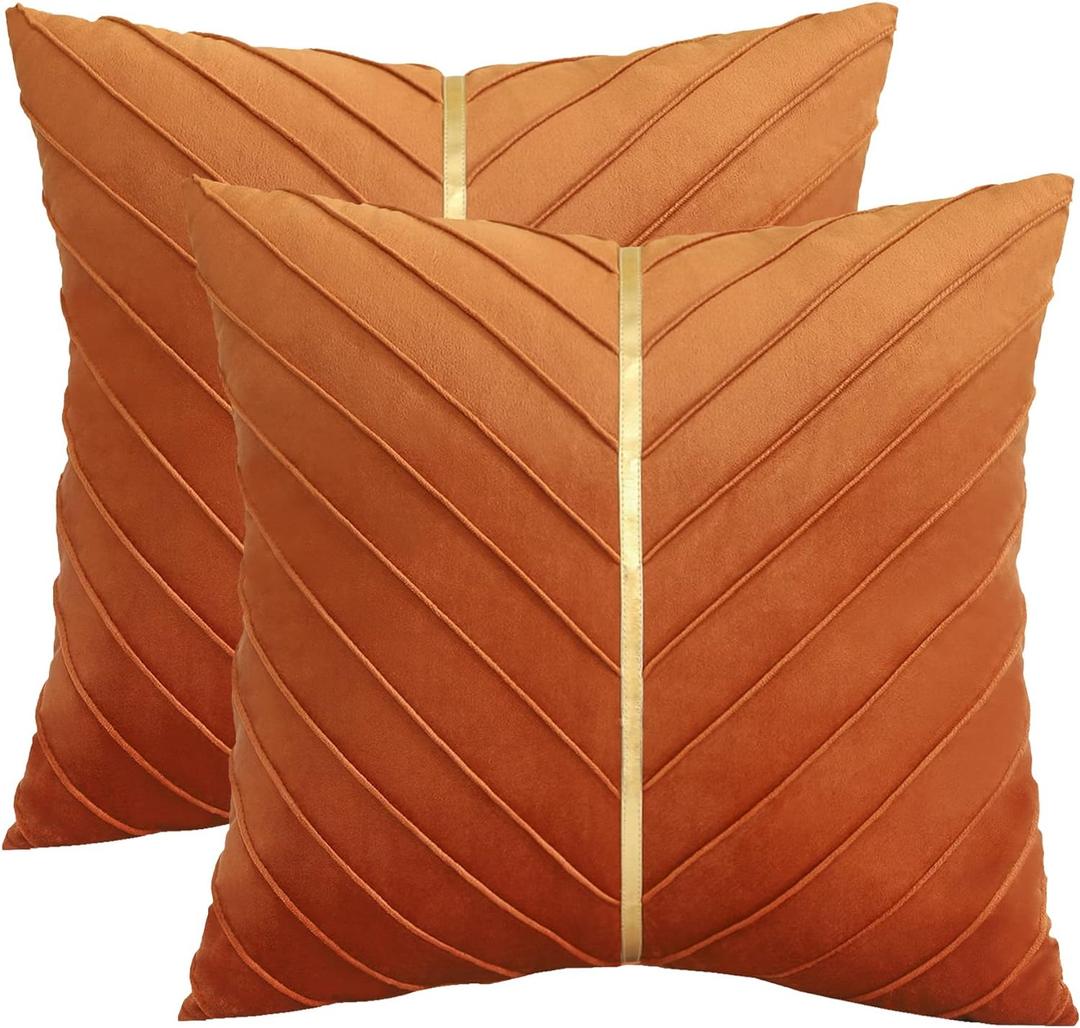 Tosleo Burnt Orange Velvet Throw Pillow Covers 20 x 20 inch Pack of 2 with Gold Leather Fall Decorative Couch Pillowcases Luxury Modern Pillow Cover for Living Room Bedroom Sofa Cushion Bed (20" x 20" (Pack of 2))
