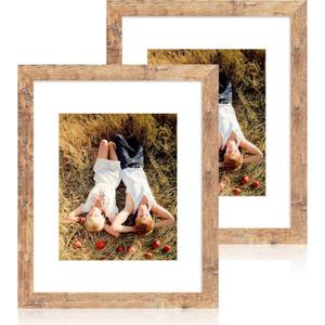 iRahmen 11x14 Picture Frame Set of 2 with Tempered Glass, Rustic Brown Frame Display 8x10 Pictures with Mat or 11 x 14 Without Mat, Wooden Photo Frame for Horizontal or Vertical Wall Mount