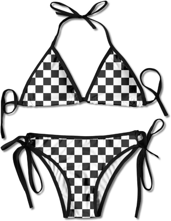 TZT Checkered Flag Sexy Boxing Bikini Women Halterneck Top and Set Swimsuits Beach Swimming, Black