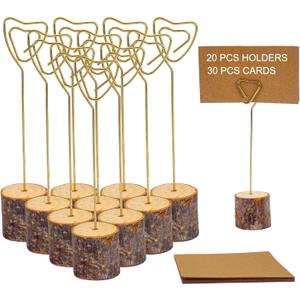 20 Pcs Rustic Wood Place Card Holders and 30 Pcs Kraft Place Cards, Wooden Table Number Holder Stand Photo Picture Note Clip Holders for Wedding Party Name Sign(Gold Heart Wire)