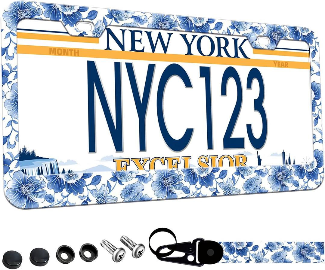 1-Pack Blue White Porcelain Floral License Plate Frames for Women Man, 2 Holes Blue Flowers Aluminum License Plate Holder,Vintage Floral License Plate Cover with Keychain Wrist Lanyard