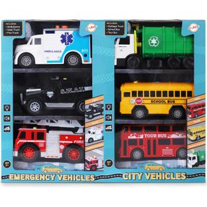 Toy Cars for Toddlers - 6Pcs Pull Back Cars Toys with Light and Sounds, City and emergency vehicles set, Including Police Car, Fire Truck, Ambulance, School bus, Tour Bus, Garbage Truck
