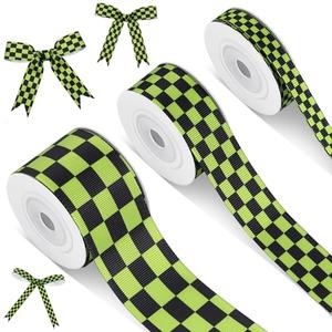 Cunno 3 Rolls Christmas Lime Green and Black Checkered Ribbon Grosgrain Printed Ribbon Racing Car Theme Printed Checkered Plaid Buffalo for DIY Crafts Wreath Party, 0.4, 0.87, 1.5 Inch Wide, 15 Yard