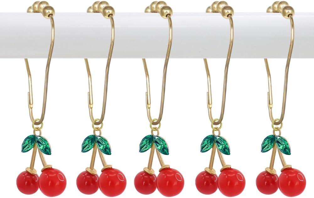 Shower Curtain Hooks,12PCS Cherry Curtain Hook Ring,Rustproof Shower Curtain Hanger Clips, Decorative Shower Hook Rings for Shower Curtain Rod,Elegant and Durable Design for Stylish Bathroom Decor (Gold)