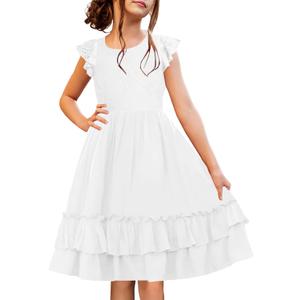 HOSIKA Girls Lace Flower Boho Ruffle Sleeve A-Line Tiered Summer Dress for Wedding Party with Pockets (White)