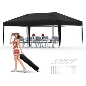 Garvee 10x20 Pop Up Canopy Tent Outdoor Canopy One-Person Set Up Heavy Duty Commercial Instant Tent Shelter, 0-Sidewall+Black