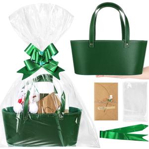 Wonderjune Empty Gifts Baskets Gift Basket with Leather Gift Bags Ribbons Greeting Cards Empty Baskets with Handles for Easter Lover Birthday Shower Favor Wrapping(Green,Large