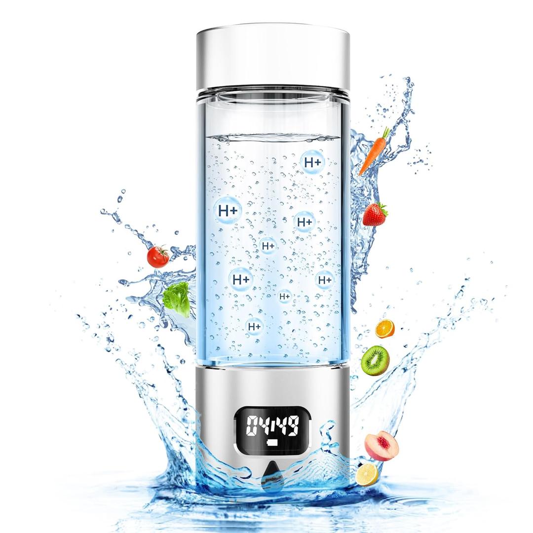 Hydrogen Water Bottle - Portable, Rechargeable, LED Timer, Aluminum and Glass, 5000 PPB Hydrogen in 10 Minutes, for Husband, Father, Friend & Family, for Sports, Home, Office (Silver, 340ml)