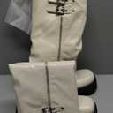 Knee High Boots Women Chunky Platform Moto Riding Boots Slouchy Fold Over Wide Calf Motorcycle Biker Boots for Women with Fashion Buckle (7, White)