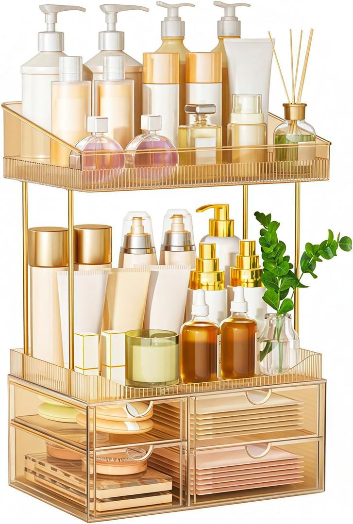 SNSLXH 4 Drawers Makeup Organizer - 4 Tier Makeup Storage, Cosmetics Organiser, Ideal for Cosmetic, 4 Dividers with Drawers for Countertop, Bathroom, Office Supplies, Dresser Transparent Tawny